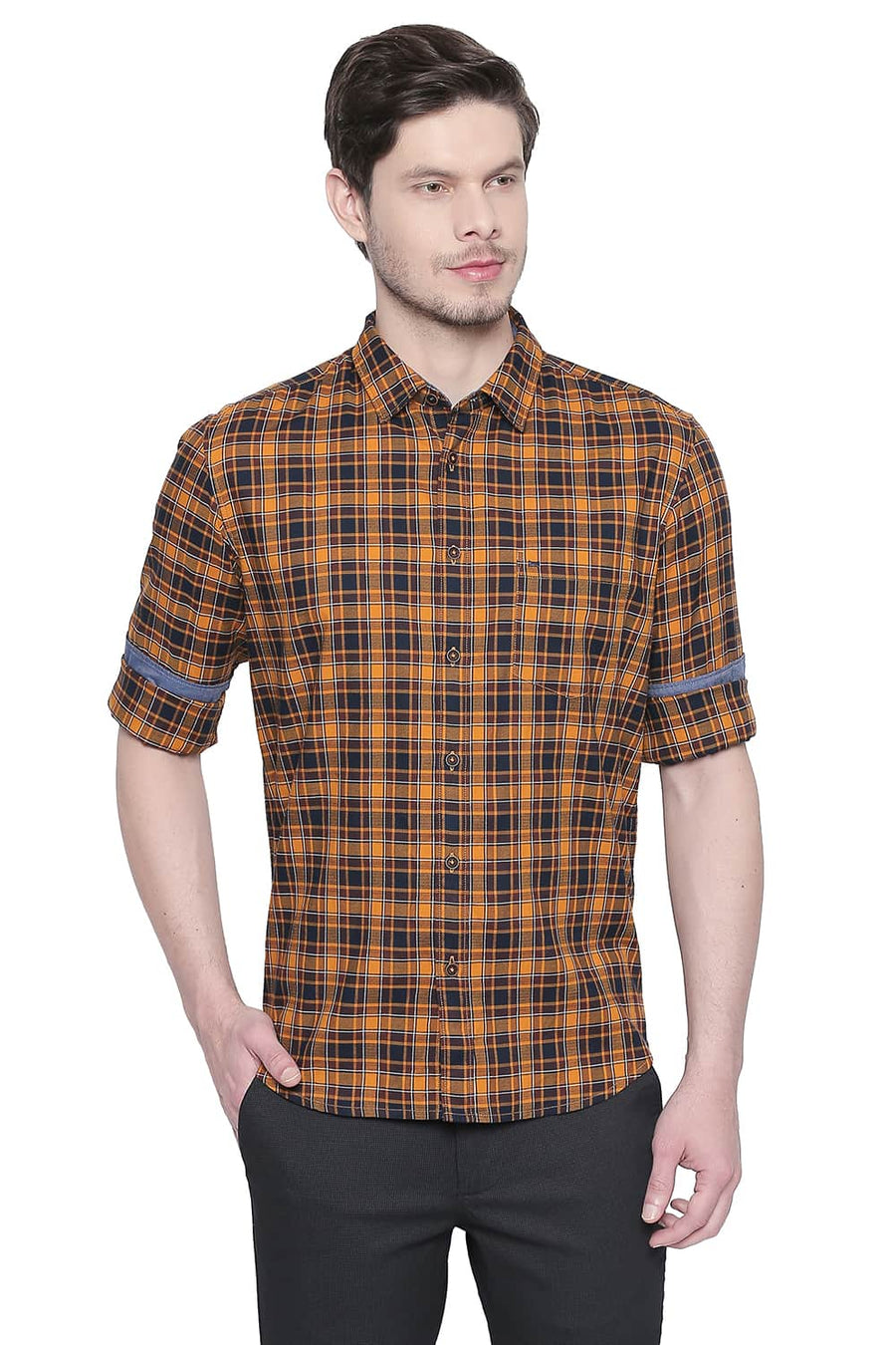 BASICS SLIM FIT CHEDDAR ORANGE DOBBY CHECKS SHIRT
