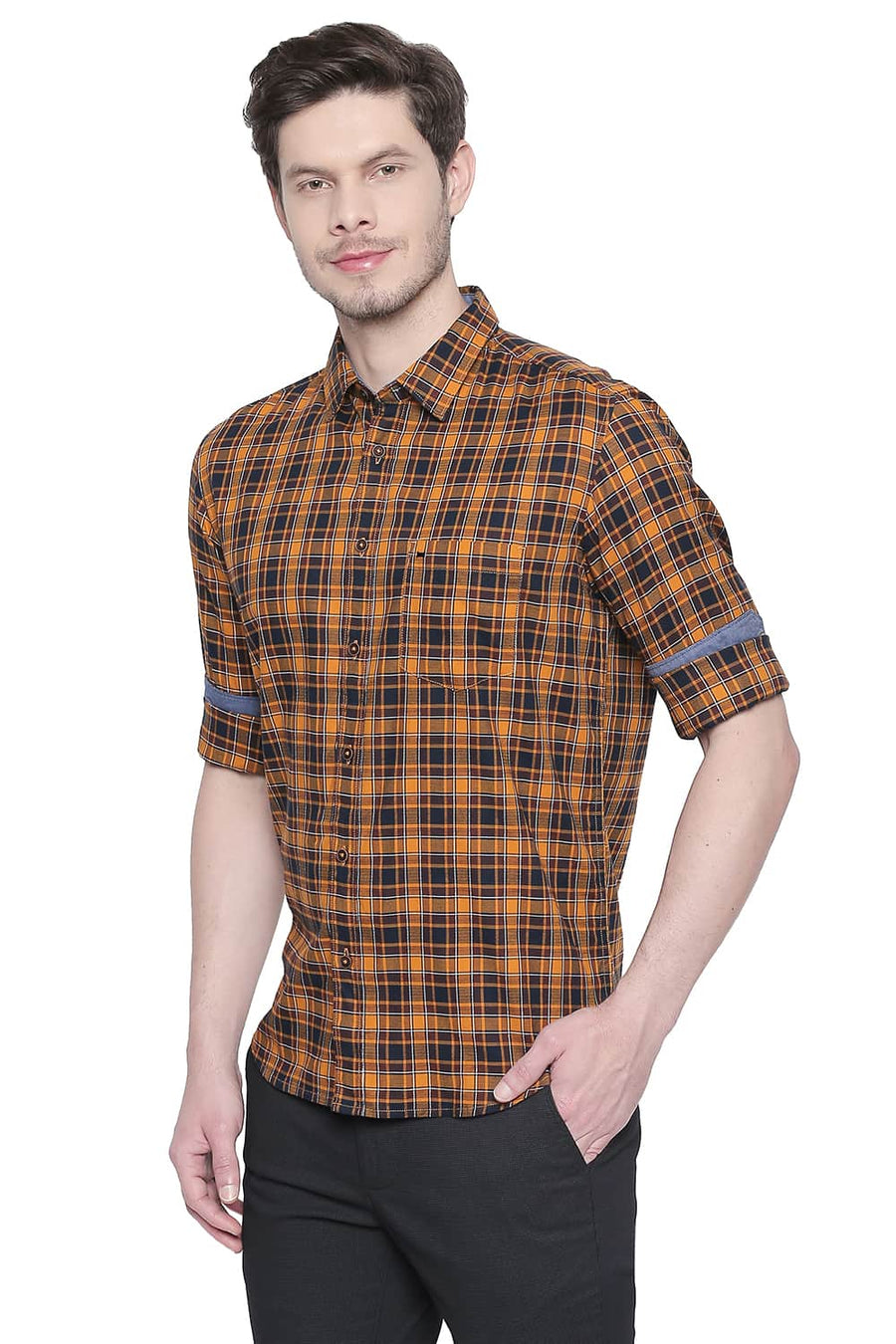 BASICS SLIM FIT CHEDDAR ORANGE DOBBY CHECKS SHIRT