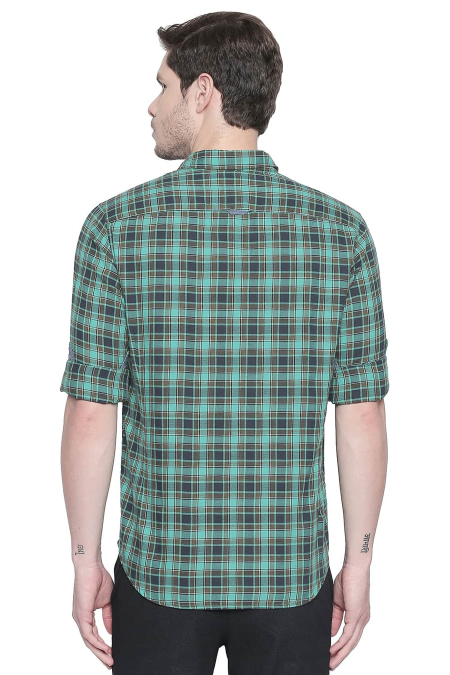 BASICS SLIM FIT HOLLY GREEN DOBBY CHECKS SHIRT
