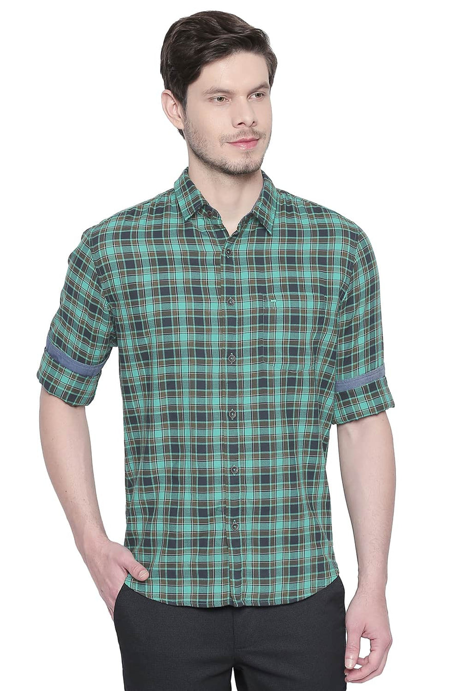 BASICS SLIM FIT HOLLY GREEN DOBBY CHECKS SHIRT