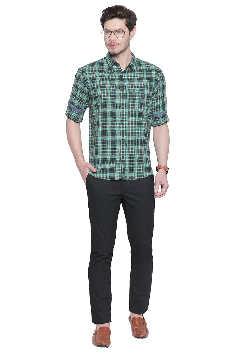 BASICS SLIM FIT HOLLY GREEN DOBBY CHECKS SHIRT