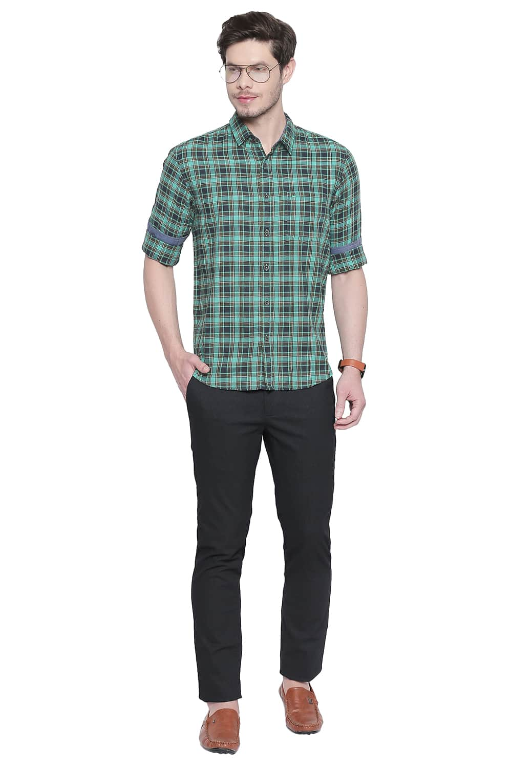 BASICS SLIM FIT DOBBY CHECKS SHIRT