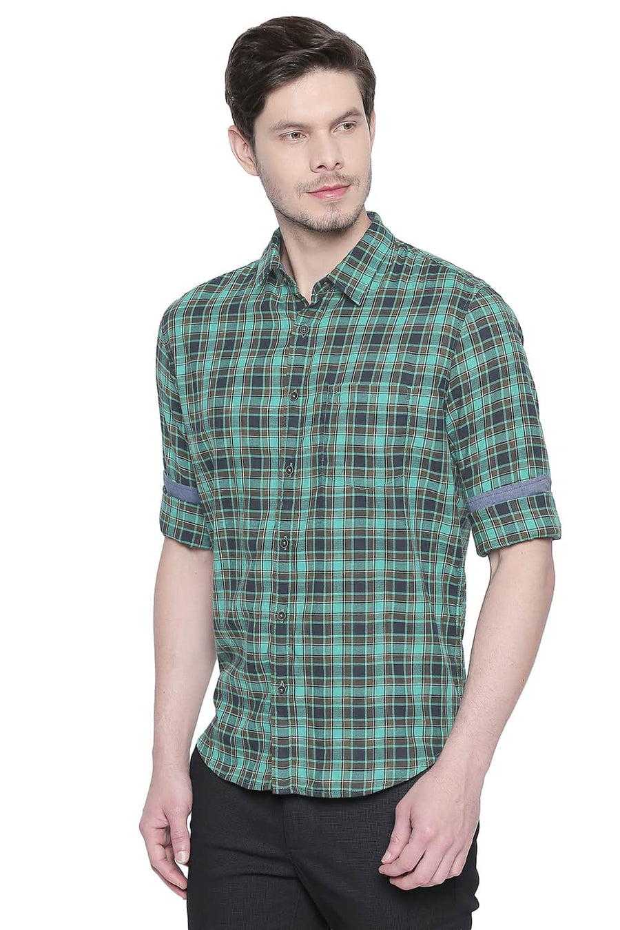 BASICS SLIM FIT HOLLY GREEN DOBBY CHECKS SHIRT