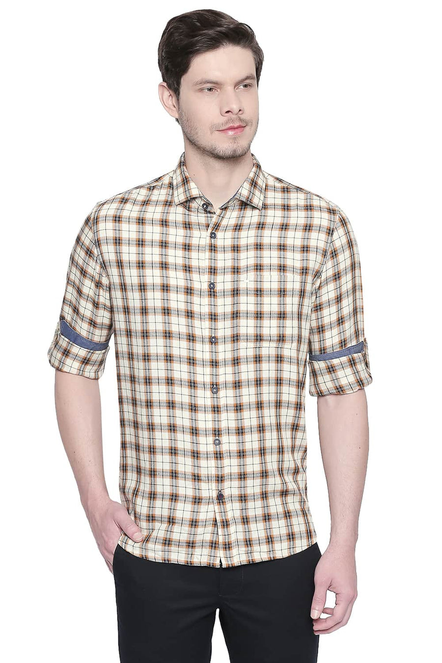 BASICS SLIM FIT ANISE YELLOW MODAL CHECKS SHIRT