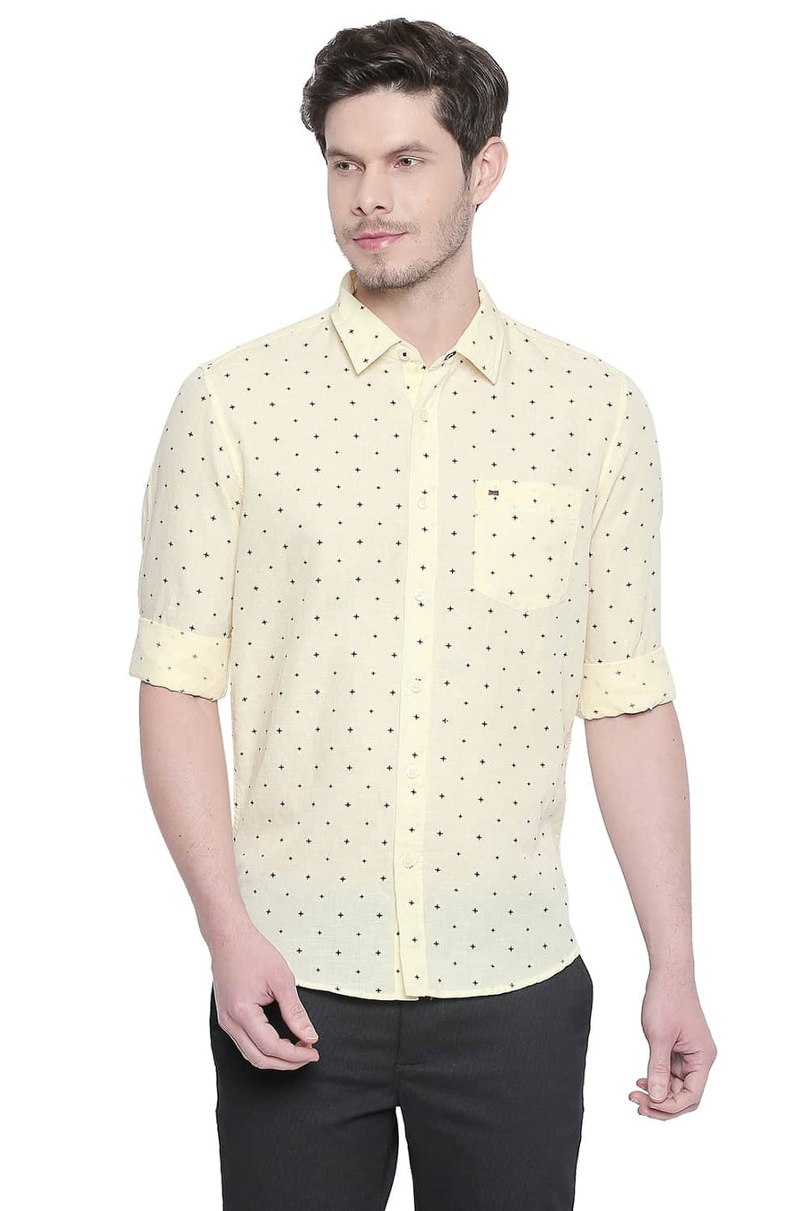 BASICS SLIM FIT MELLOW YELLOW COTTON LINEN PRINTED SHIRT