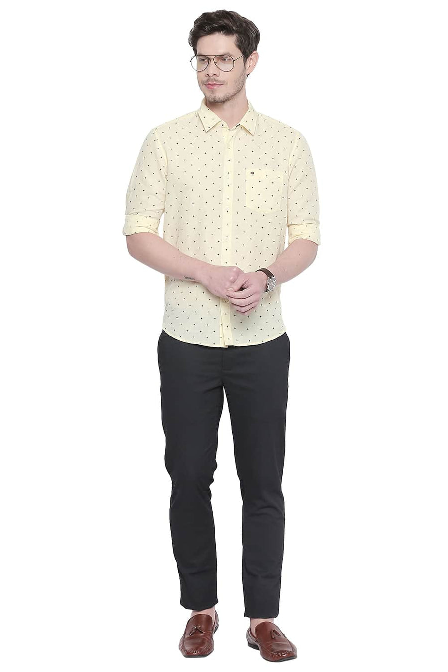 BASICS SLIM FIT MELLOW YELLOW COTTON LINEN PRINTED SHIRT