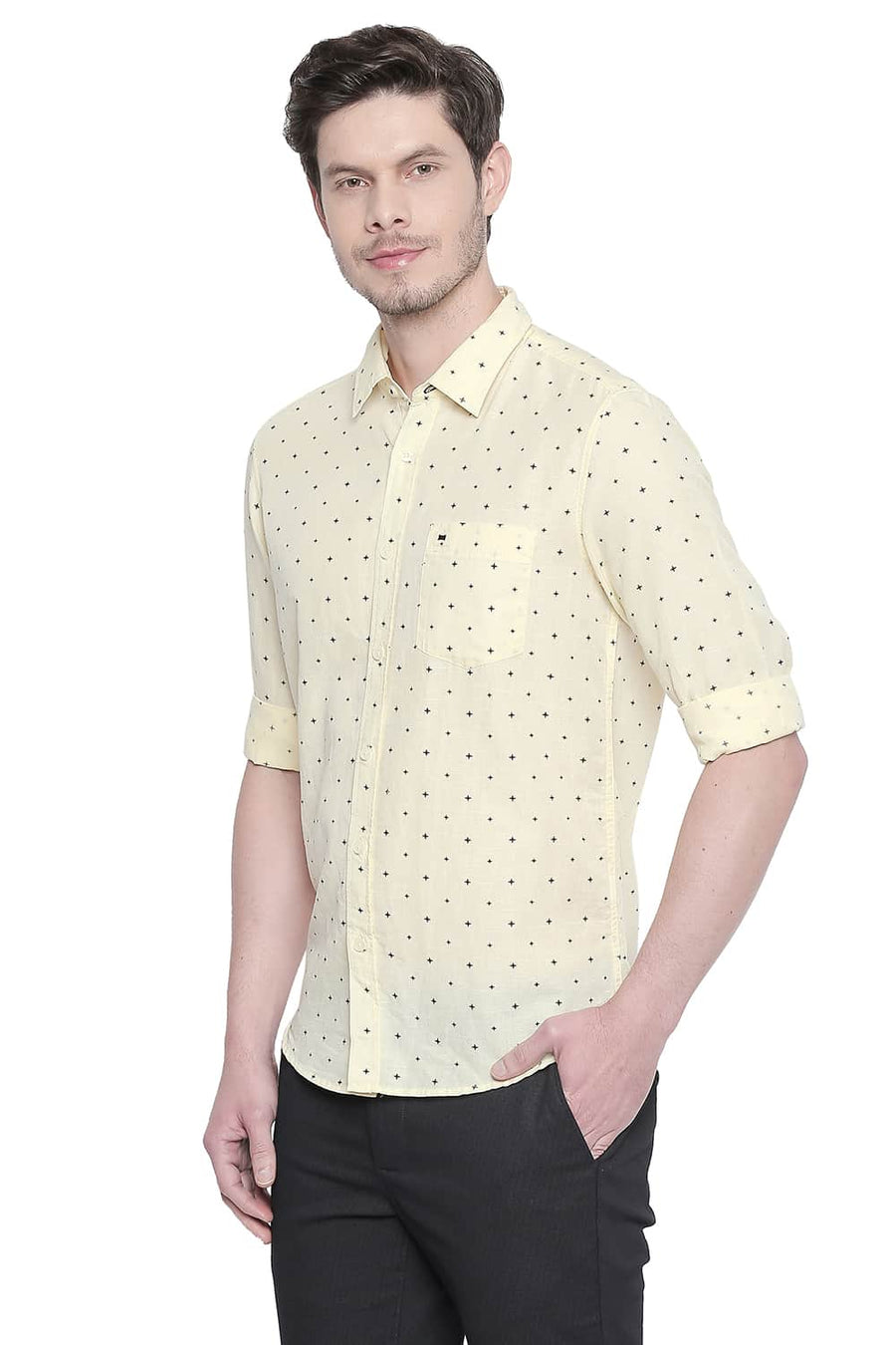 BASICS SLIM FIT MELLOW YELLOW COTTON LINEN PRINTED SHIRT