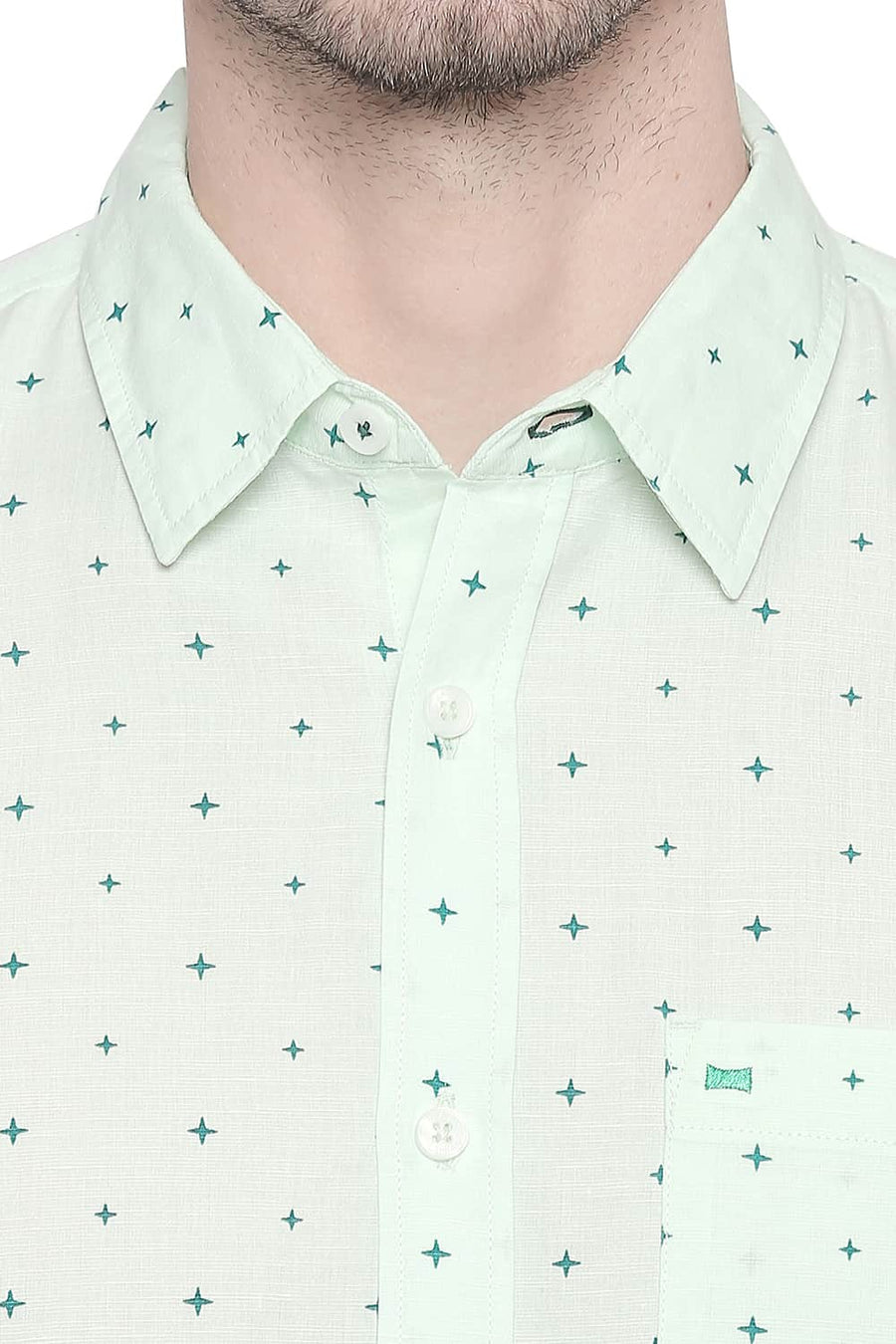 BASICS SLIM FIT PASTEL GREEN COTTON LINEN PRINTED SHIRT