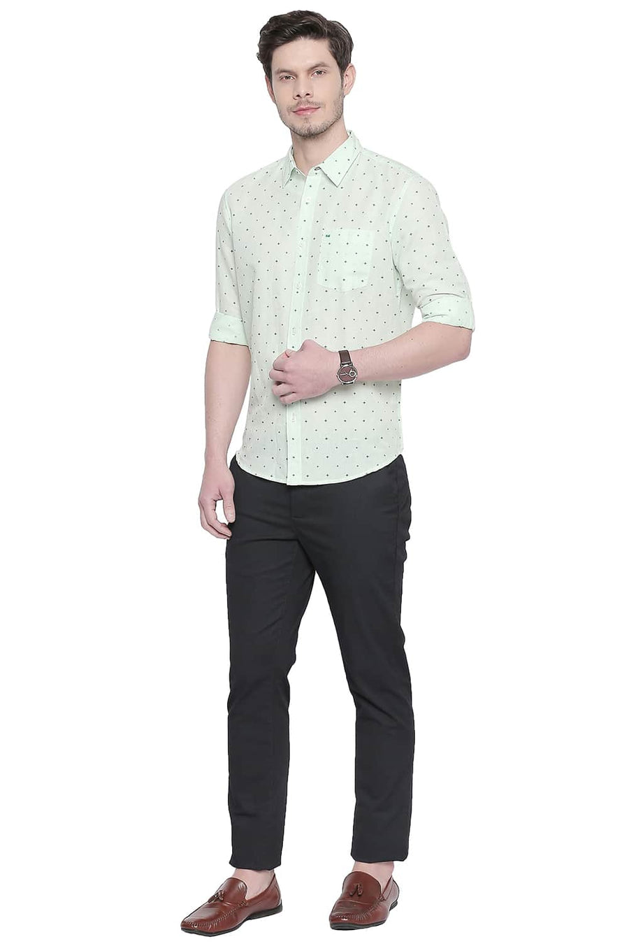 BASICS SLIM FIT PASTEL GREEN COTTON LINEN PRINTED SHIRT