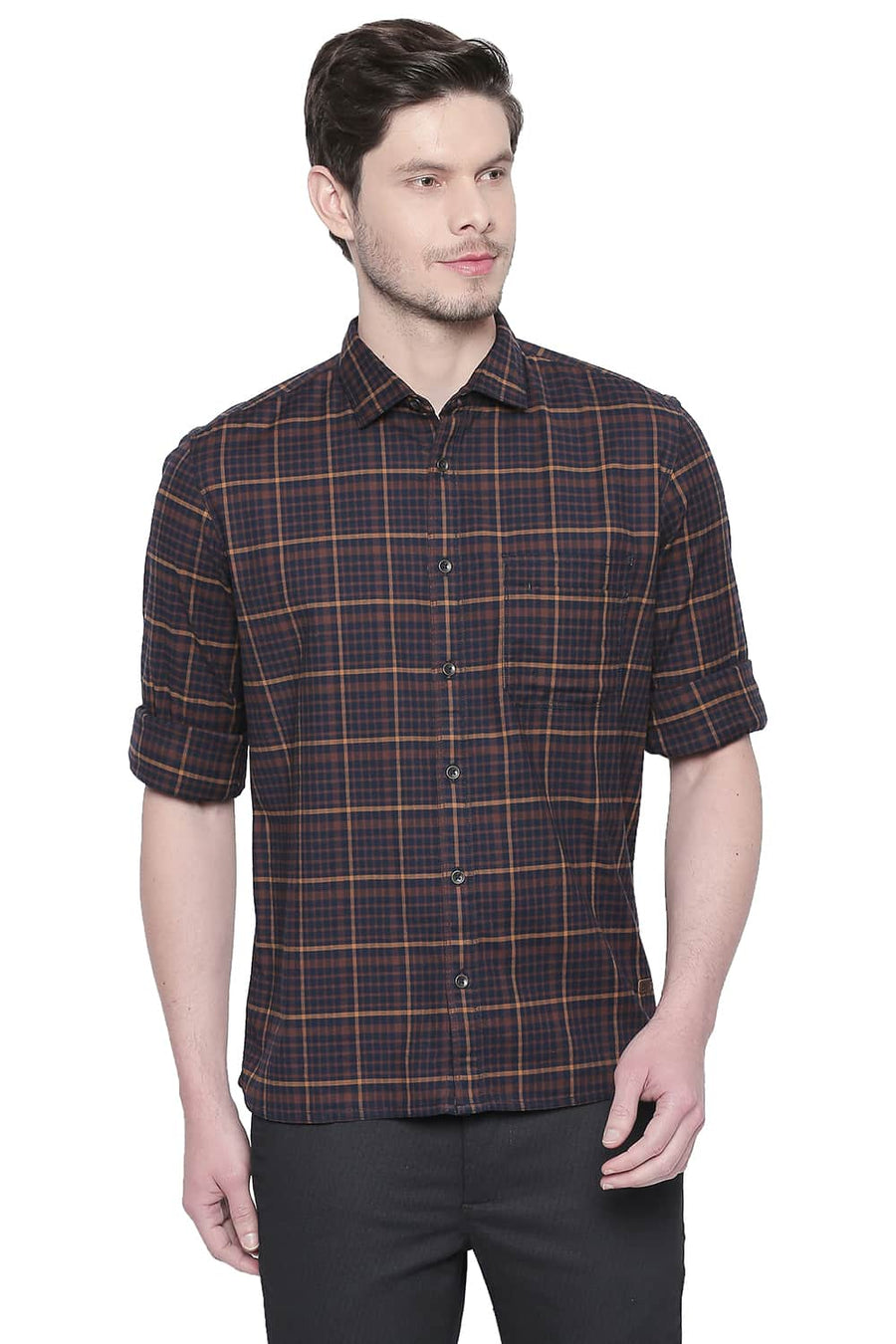 BASICS SLIM FIT MUSTANG BROWN STRETCH CHECKS SHIRT