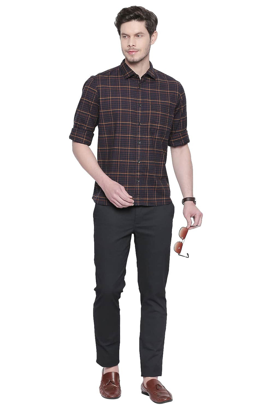 BASICS SLIM FIT MUSTANG BROWN STRETCH CHECKS SHIRT