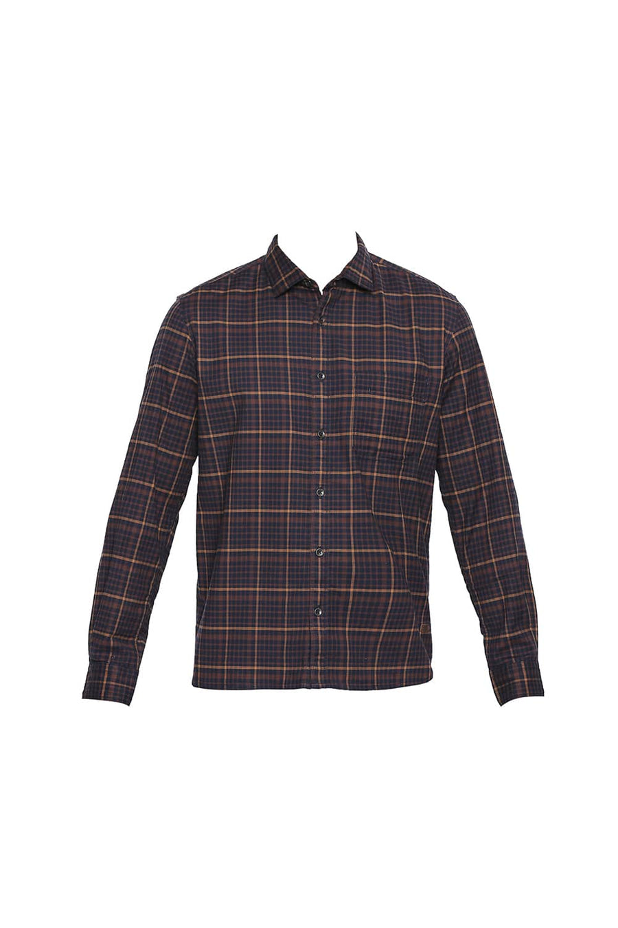 BASICS SLIM FIT MUSTANG BROWN STRETCH CHECKS SHIRT