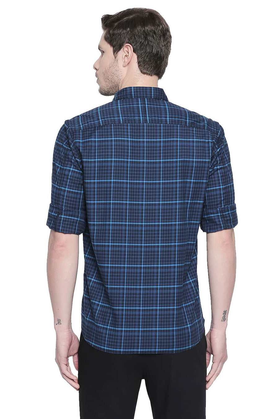 BASICS SLIM FIT HAWAIIAN BLUE STRETCH CHECKS SHIRT