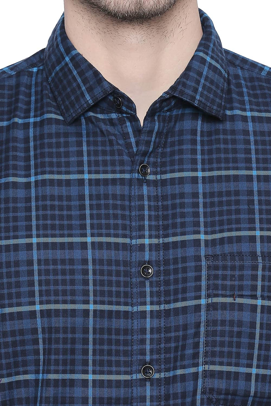 BASICS SLIM FIT HAWAIIAN BLUE STRETCH CHECKS SHIRT