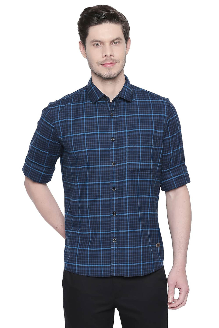 BASICS SLIM FIT HAWAIIAN BLUE STRETCH CHECKS SHIRT