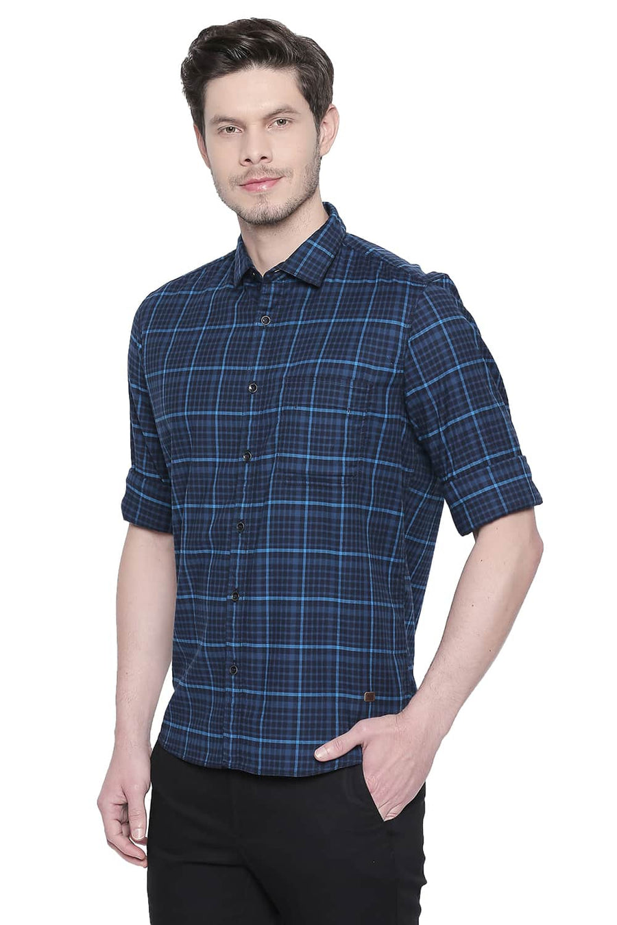 BASICS SLIM FIT HAWAIIAN BLUE STRETCH CHECKS SHIRT