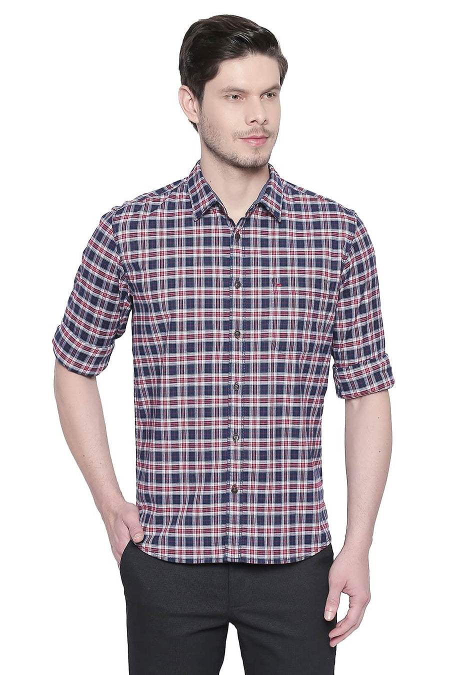 BASICS SLIM FIT CHERRY RED STRETCH CHECKS SHIRT