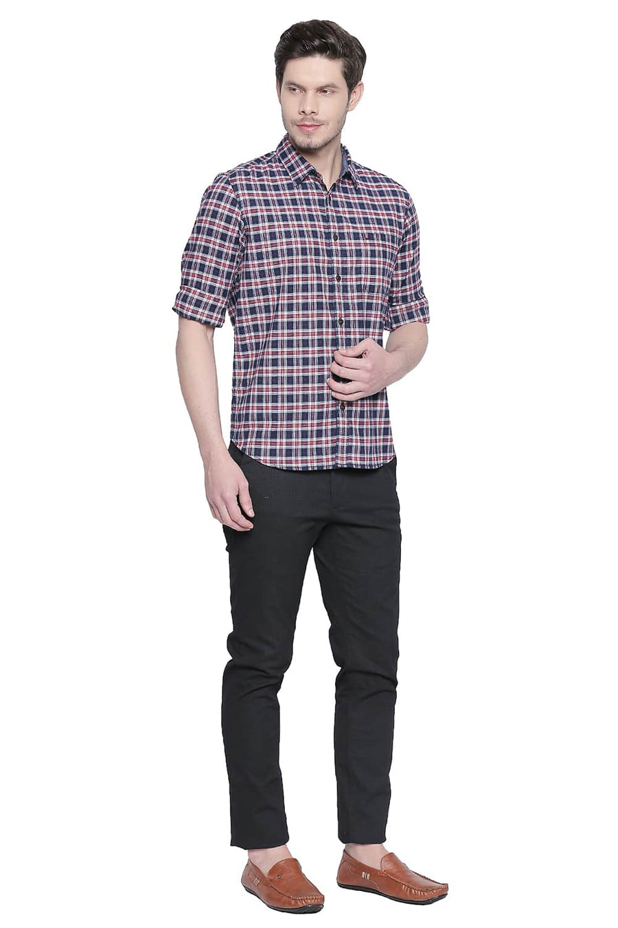 BASICS SLIM FIT CHERRY RED STRETCH CHECKS SHIRT