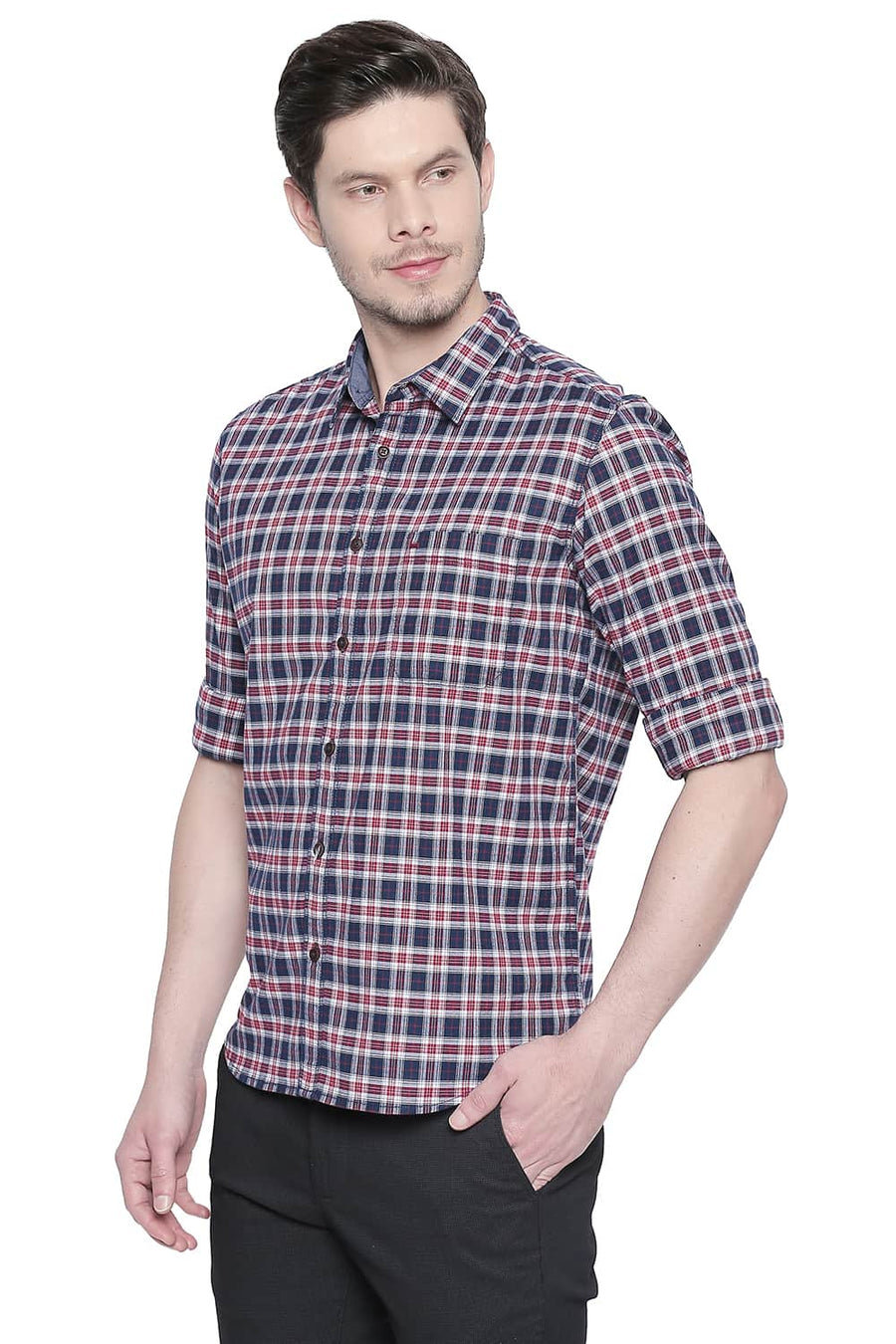BASICS SLIM FIT CHERRY RED STRETCH CHECKS SHIRT