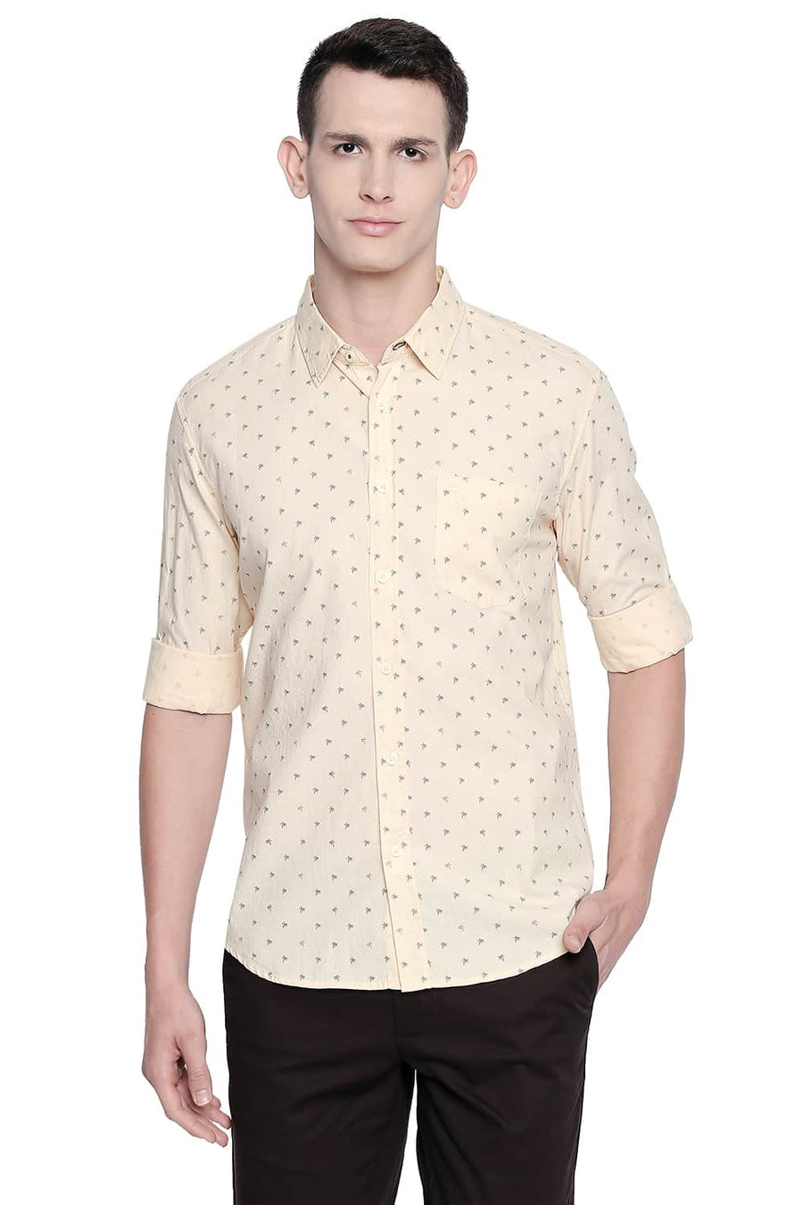 BASICS SLIM FIT DOUBLE CREAM OXFORD PRINTED SHIRT
