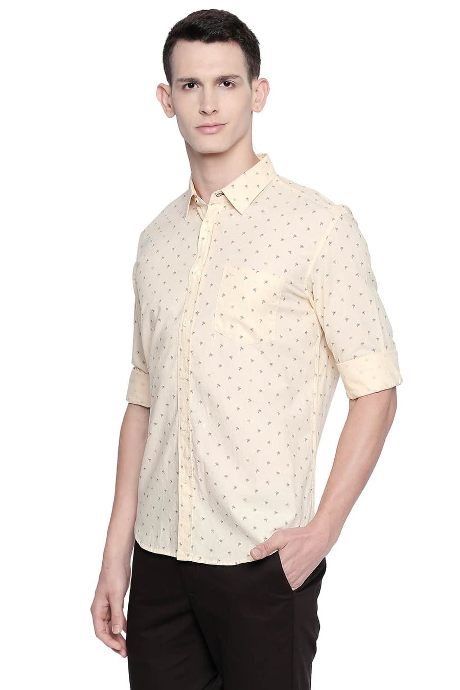 BASICS SLIM FIT DOUBLE CREAM OXFORD PRINTED SHIRT