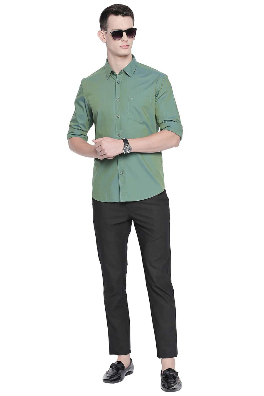 BASICS SLIM FIT FROSTY GREEN TWO TONE SHIRT
