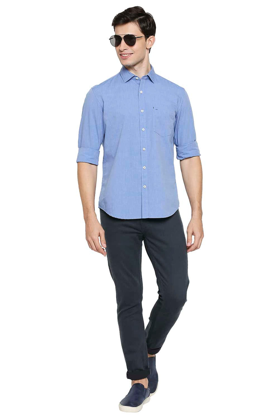 BASICS SLIM FIT REGAL BLUE FIL A FIL SHIRT
