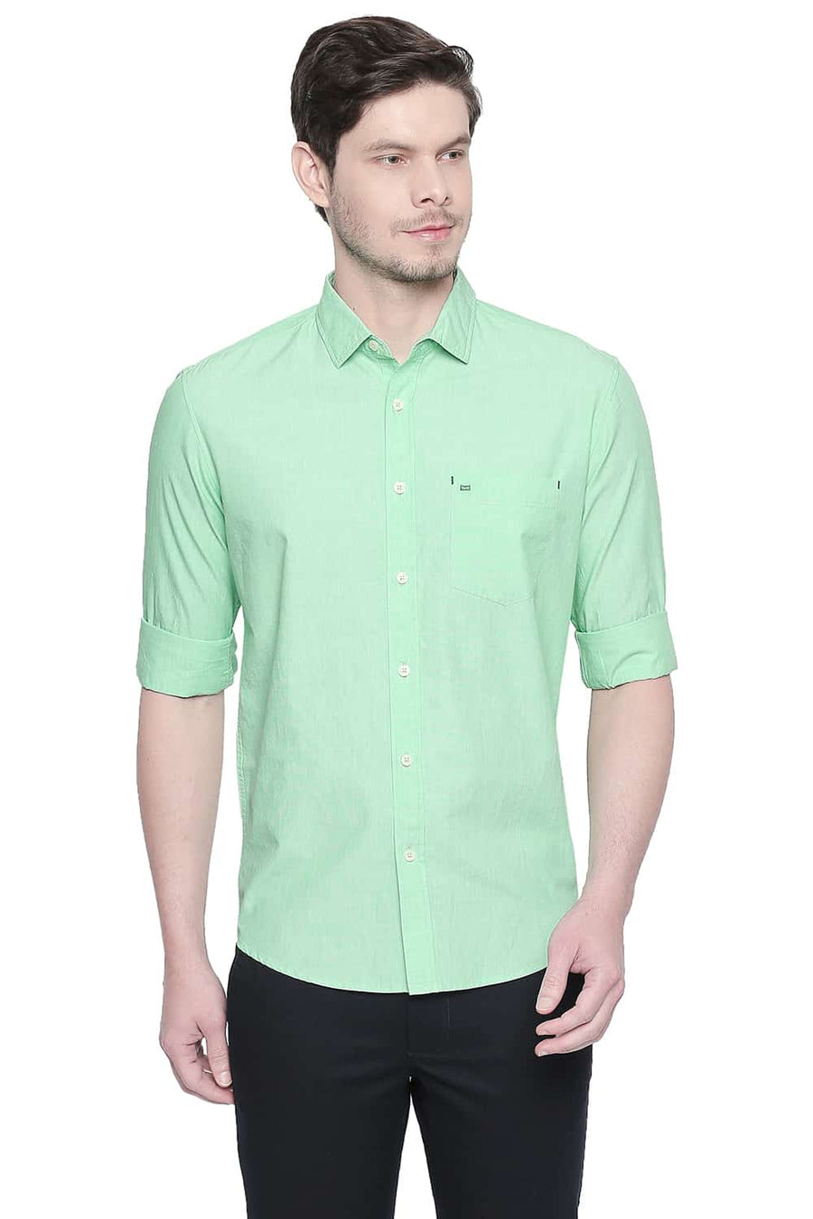 BASICS SLIM FIT GREEN ASH FIL A FIL SHIRT