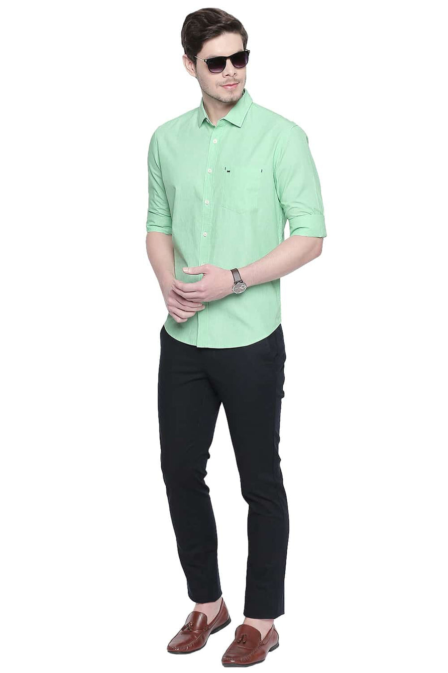 BASICS SLIM FIT GREEN ASH FIL A FIL SHIRT