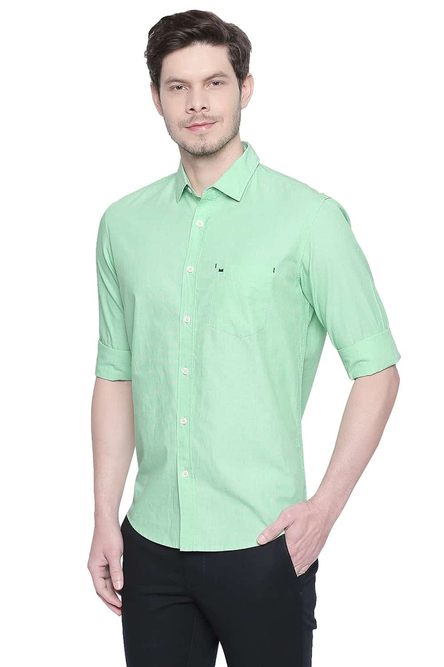 BASICS SLIM FIT GREEN ASH FIL A FIL SHIRT