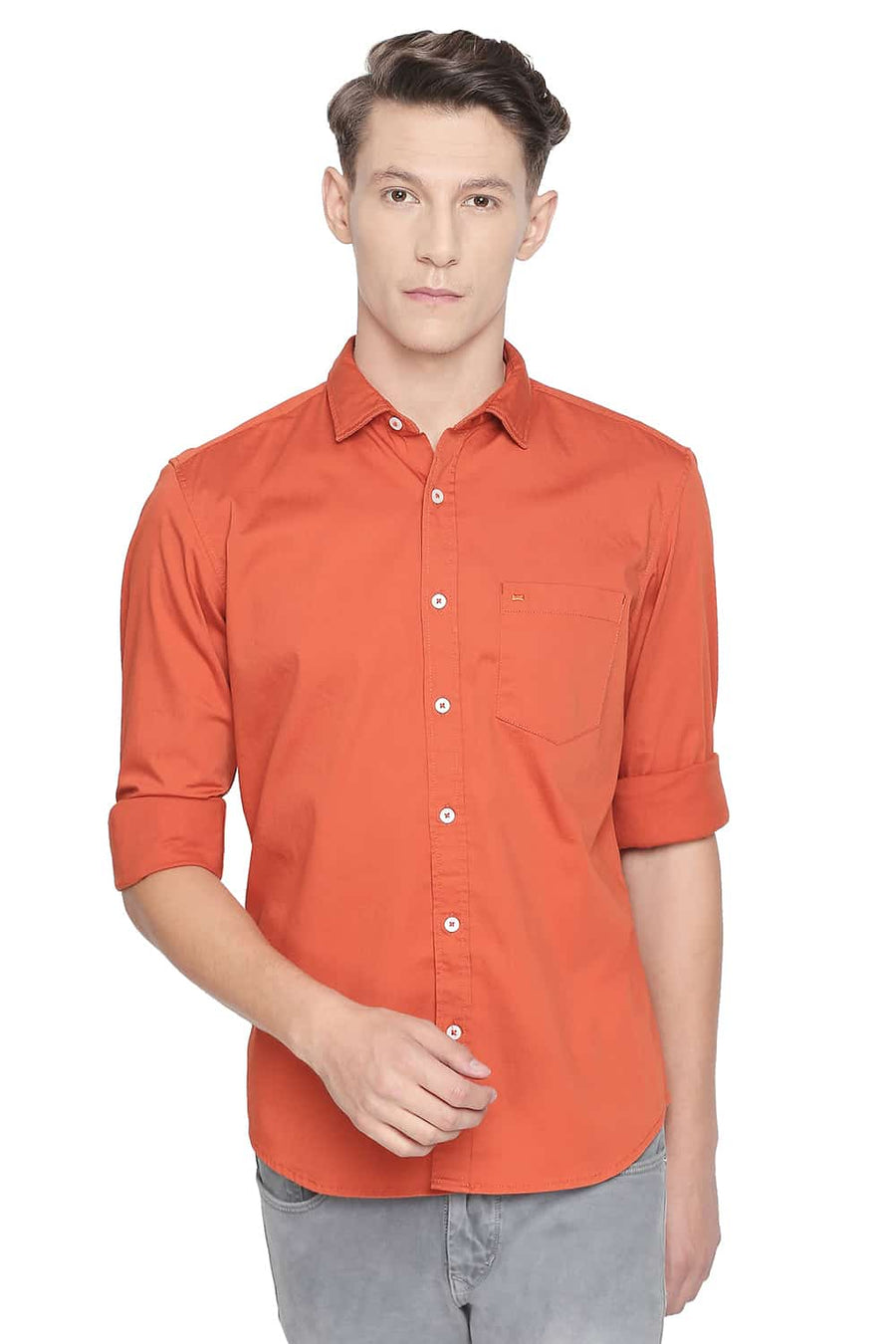 BASICS SLIM FIT PUMPKIN ORANGE STRETCH SHIRT