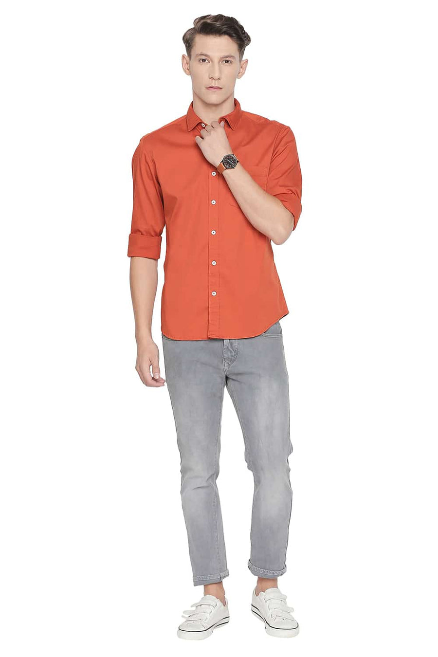 BASICS SLIM FIT PUMPKIN ORANGE STRETCH SHIRT