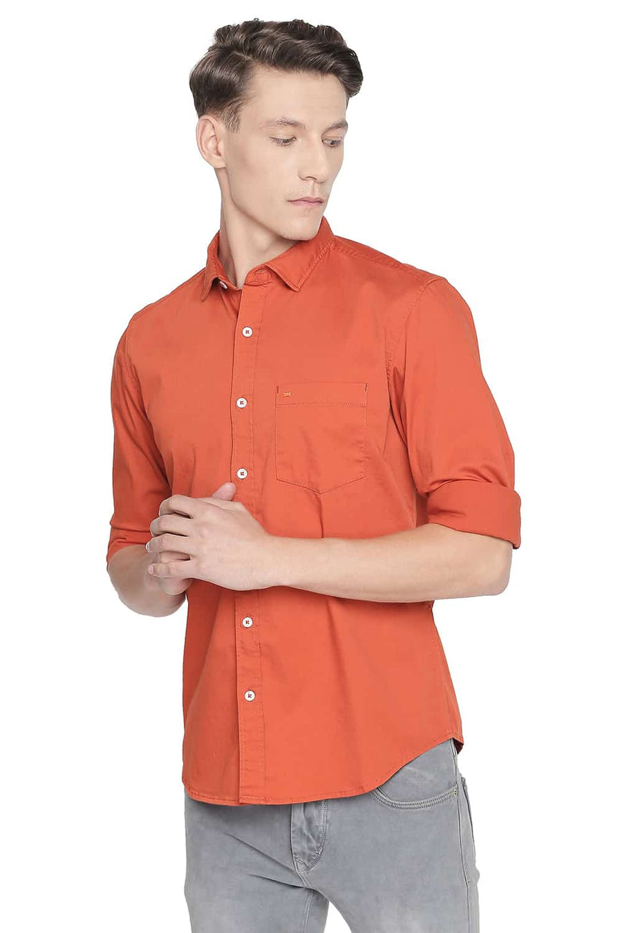 BASICS SLIM FIT PUMPKIN ORANGE STRETCH SHIRT