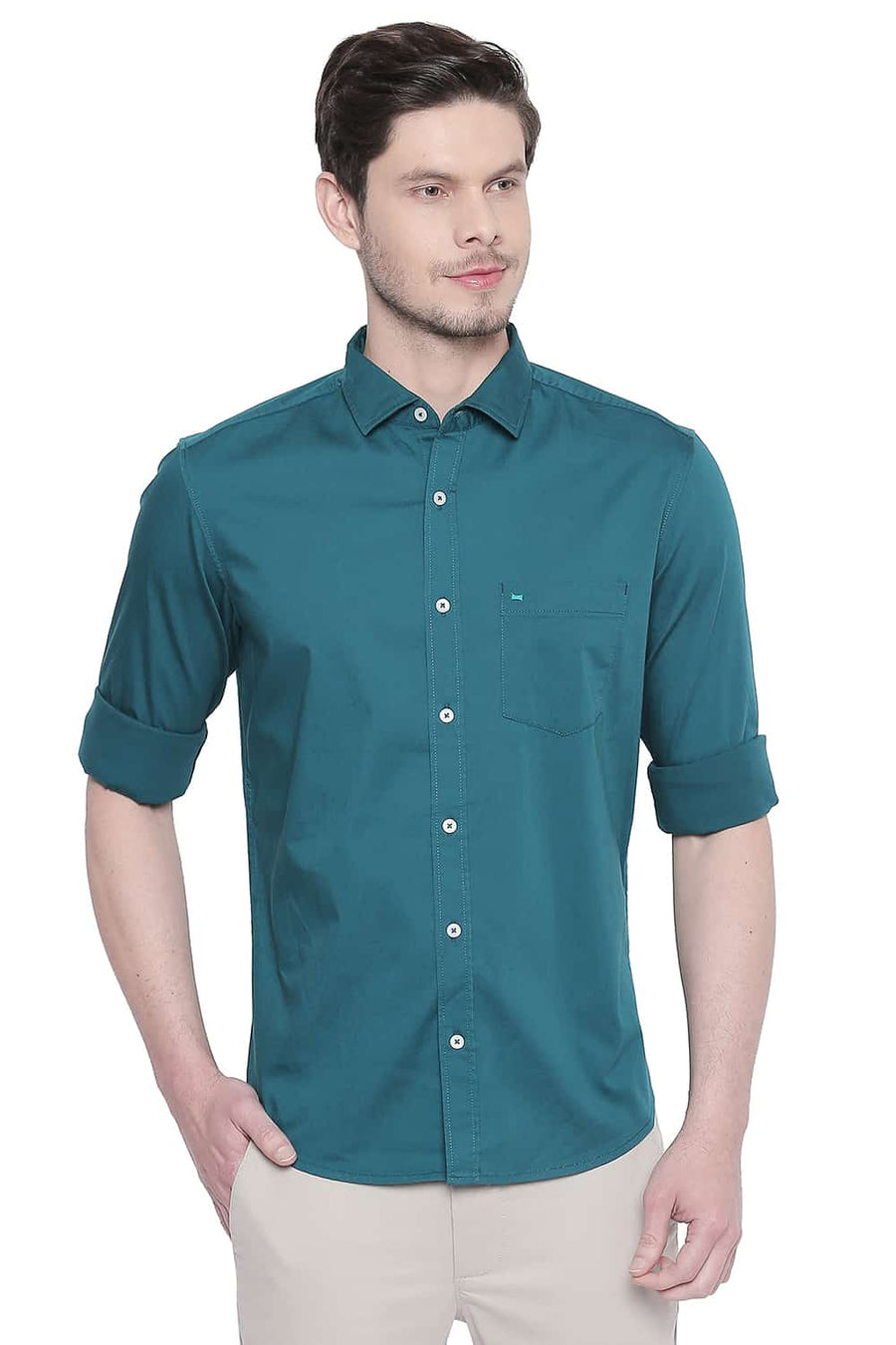BASICS SLIM FIT SPRUCE GREEN STRETCH SHIRT