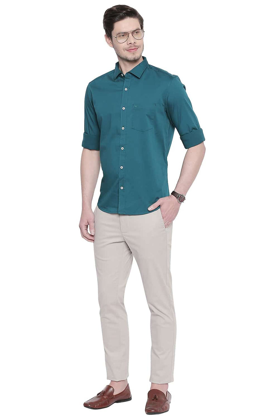 BASICS SLIM FIT SPRUCE GREEN STRETCH SHIRT