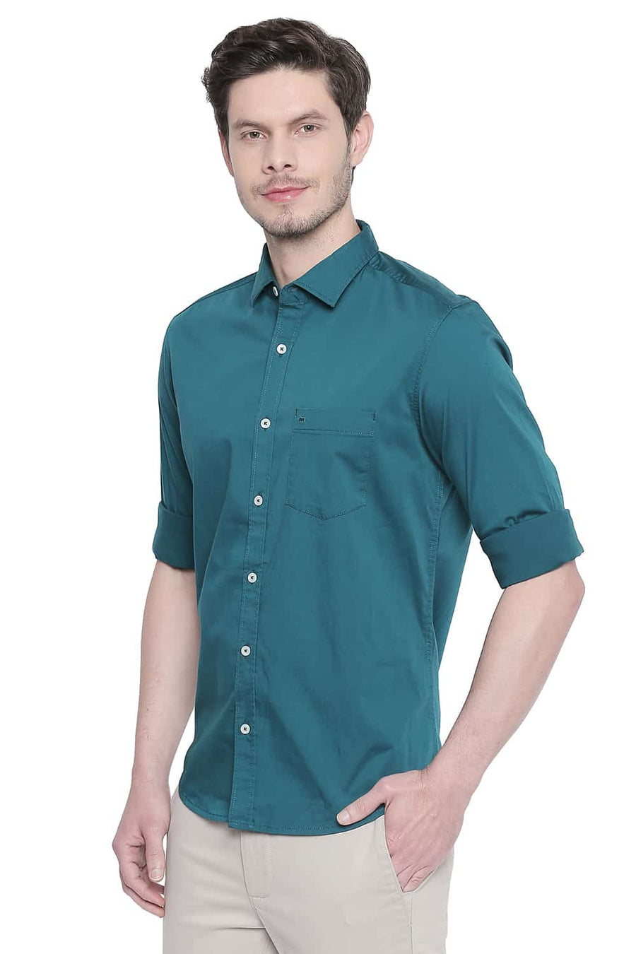 BASICS SLIM FIT SPRUCE GREEN STRETCH SHIRT