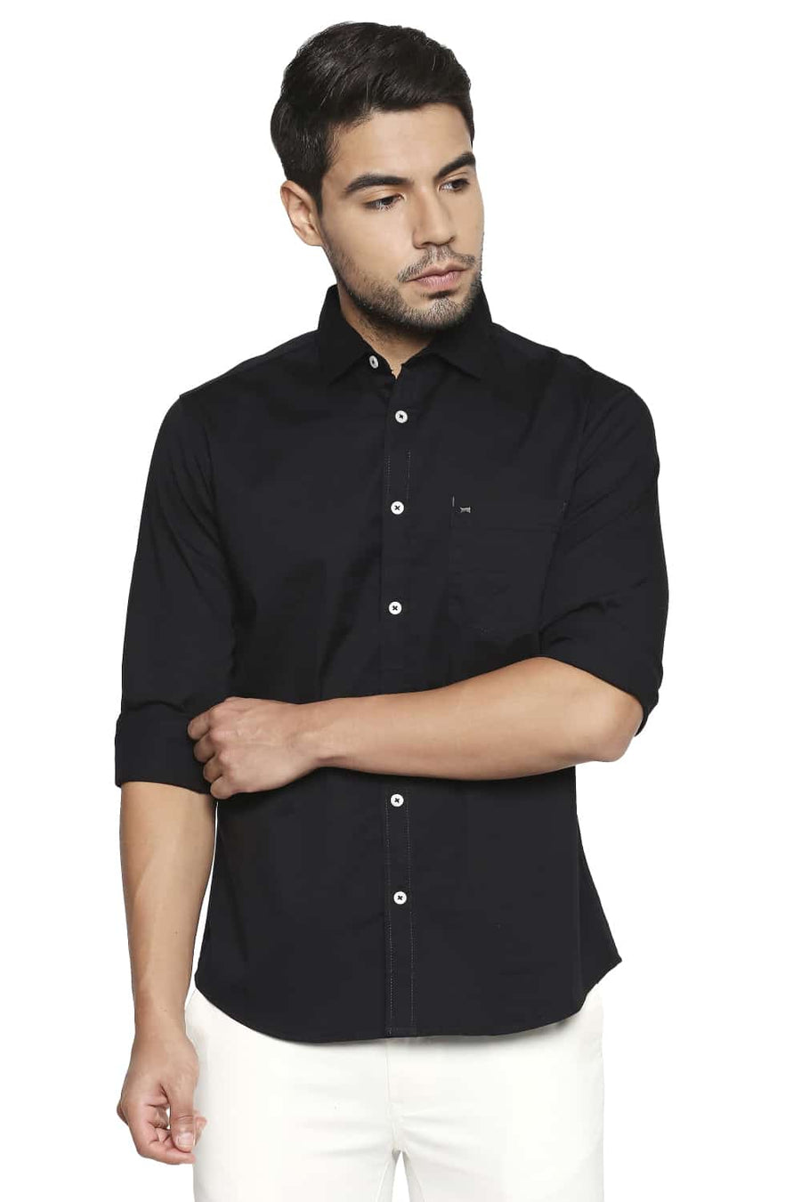 BASICS SLIM FIT MOONLESS NIGHT BLACK STRETCH SHIRT
