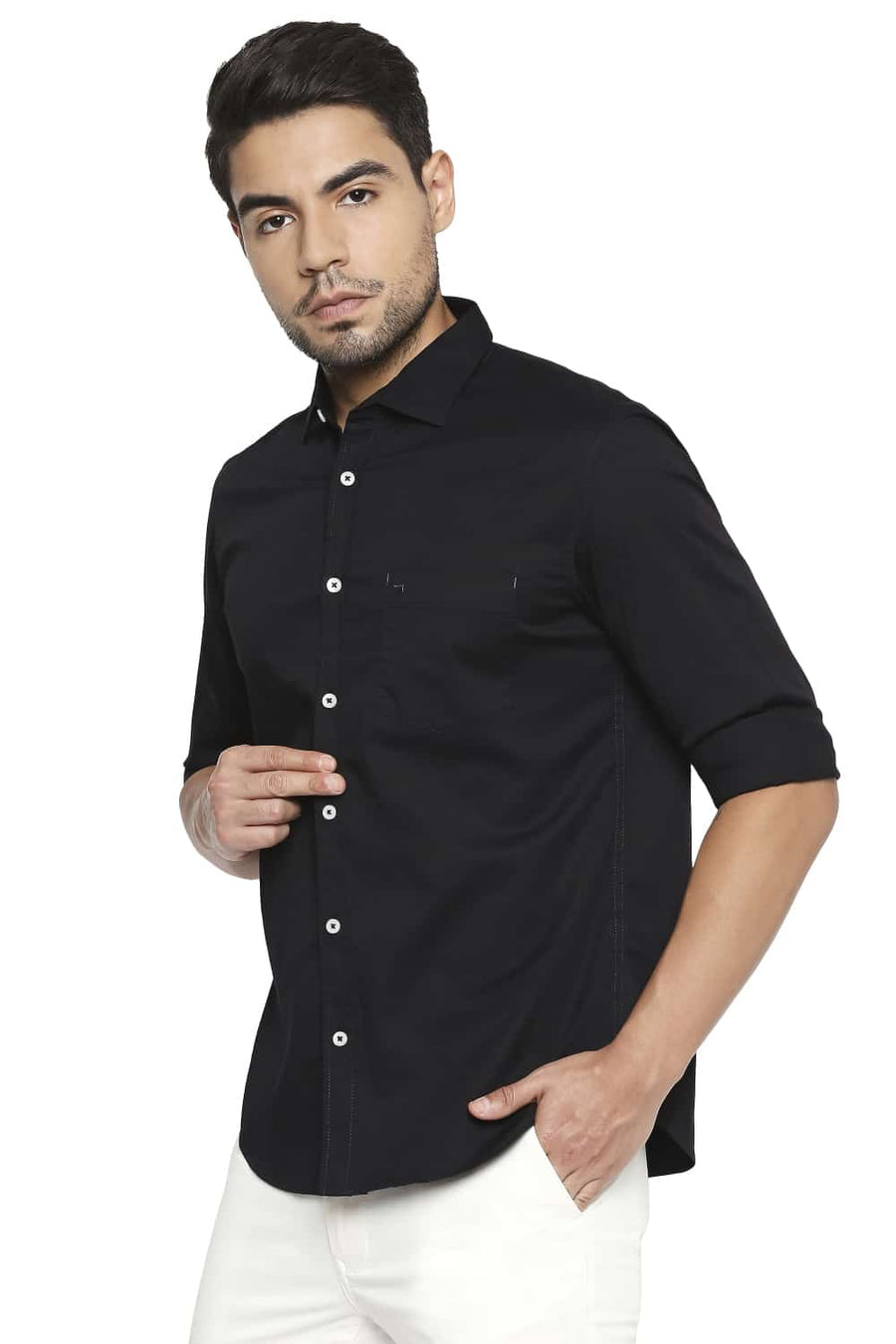 BASICS SLIM FIT MOONLESS NIGHT BLACK STRETCH SHIRT