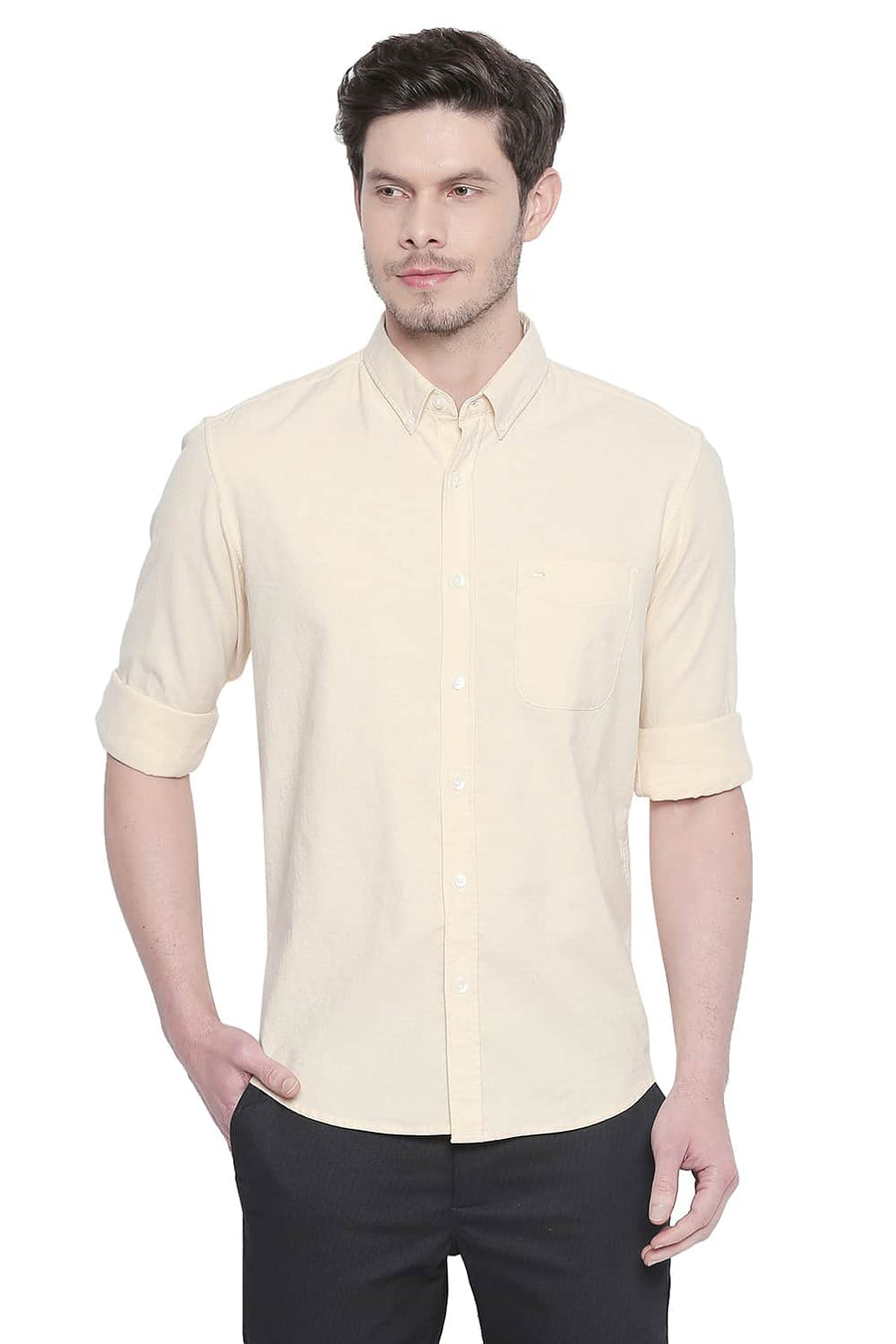 BASICS SLIM FIT PEAR YELLOW OXFORD STRETCH SHIRT