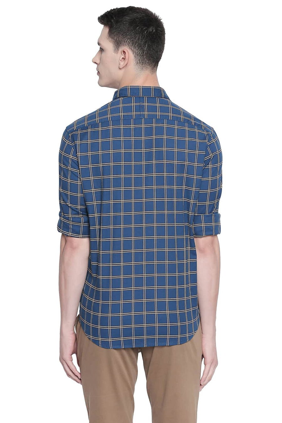 BASICS SLIM FIT MIDNIGHT BLUE STRETCH CHECKS SHIRT