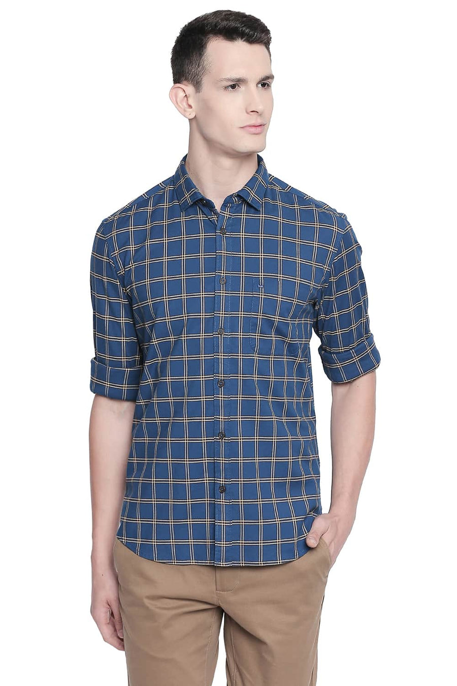 BASICS SLIM FIT MIDNIGHT BLUE STRETCH CHECKS SHIRT