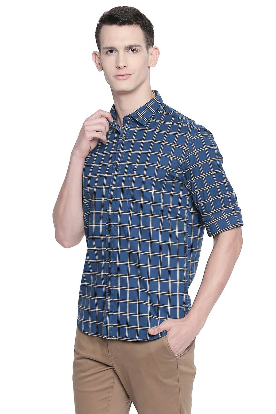 BASICS SLIM FIT MIDNIGHT BLUE STRETCH CHECKS SHIRT