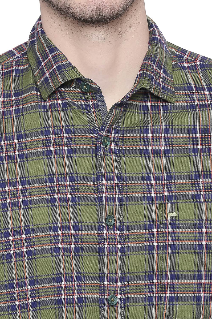 BASICS SLIM FIT GARDEN GREEN STRETCH CHECKS SHIRT