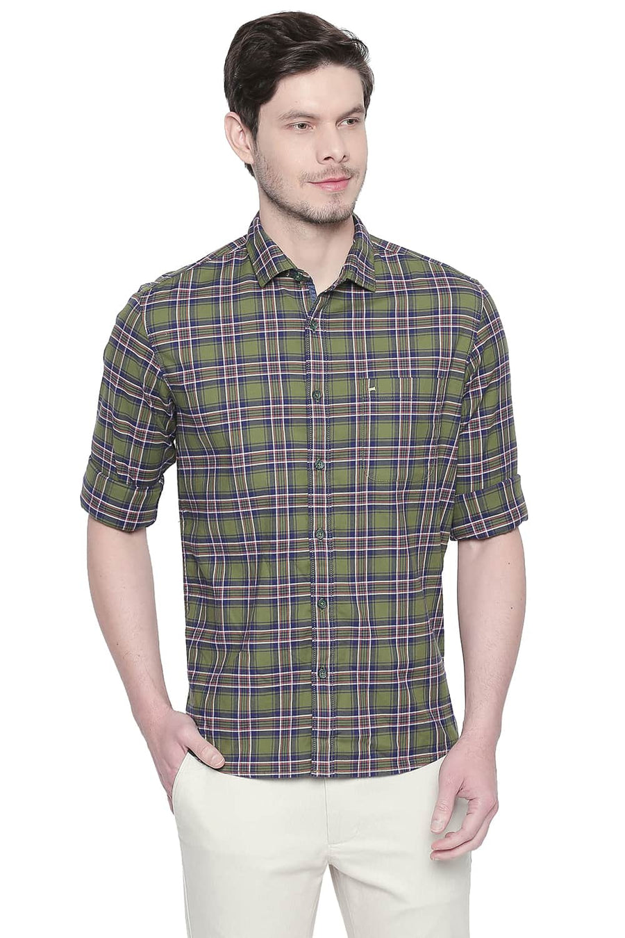 BASICS SLIM FIT GARDEN GREEN STRETCH CHECKS SHIRT