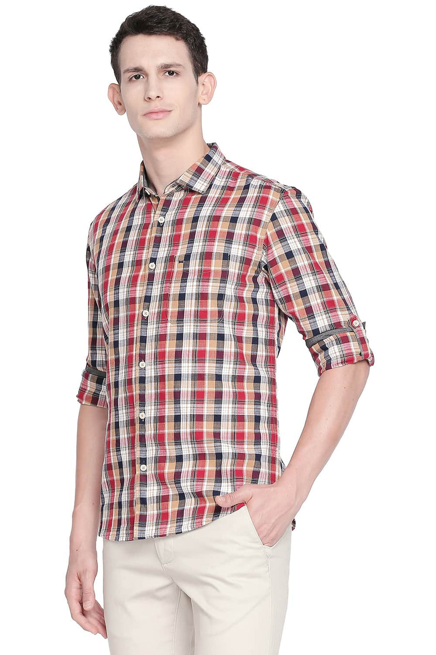 BASICS SLIM FIT TAN BROWN CHECKS SHIRT