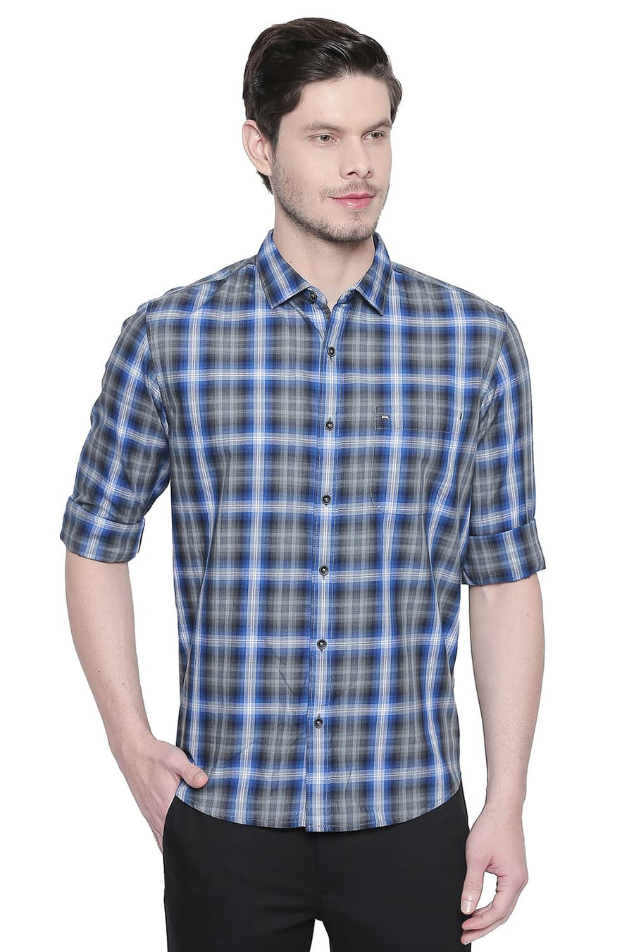 BASICS SLIM FIT IMPERIAL BLUE CHECKS SHIRT