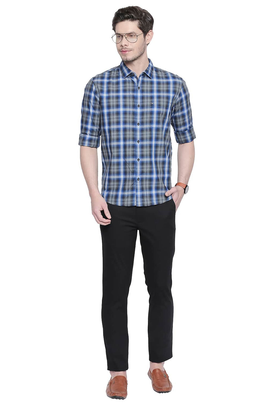 BASICS SLIM FIT IMPERIAL BLUE CHECKS SHIRT
