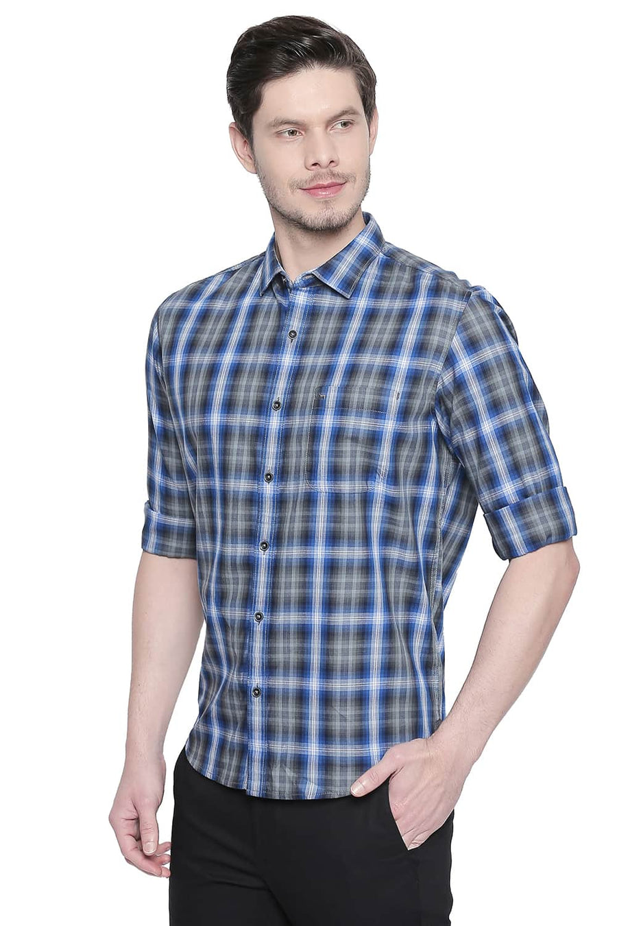 BASICS SLIM FIT IMPERIAL BLUE CHECKS SHIRT