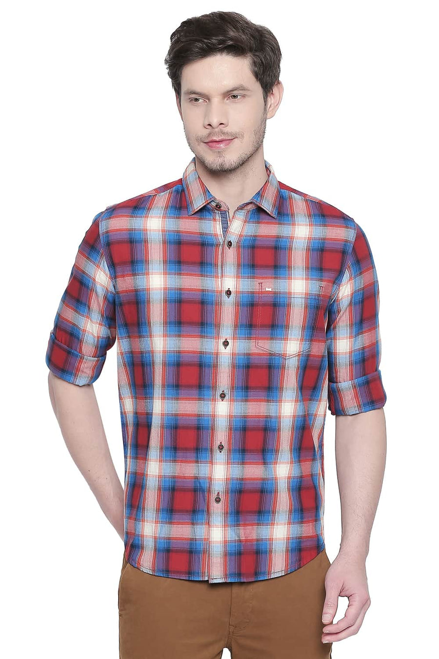 BASICS SLIM FIT LAVA RED CHECKS SHIRT