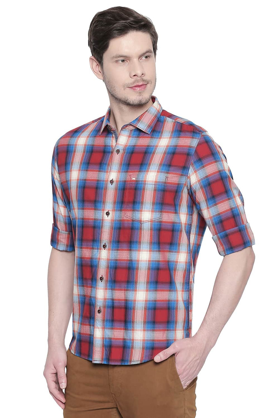 BASICS SLIM FIT LAVA RED CHECKS SHIRT